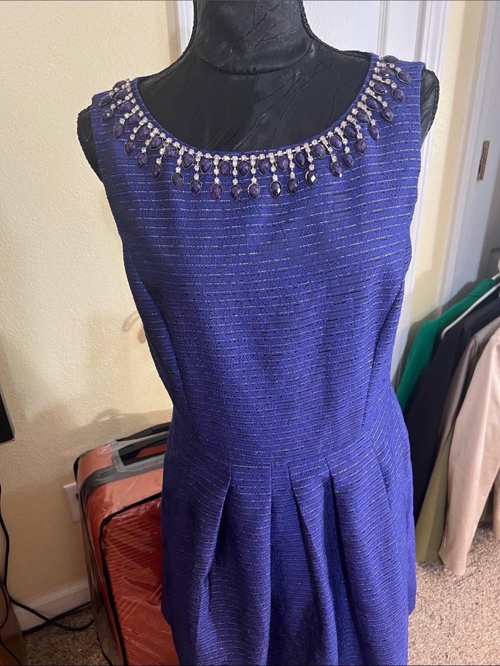 Tahari Royal Blue Jewel-Neck Sleeveless Midi Dress